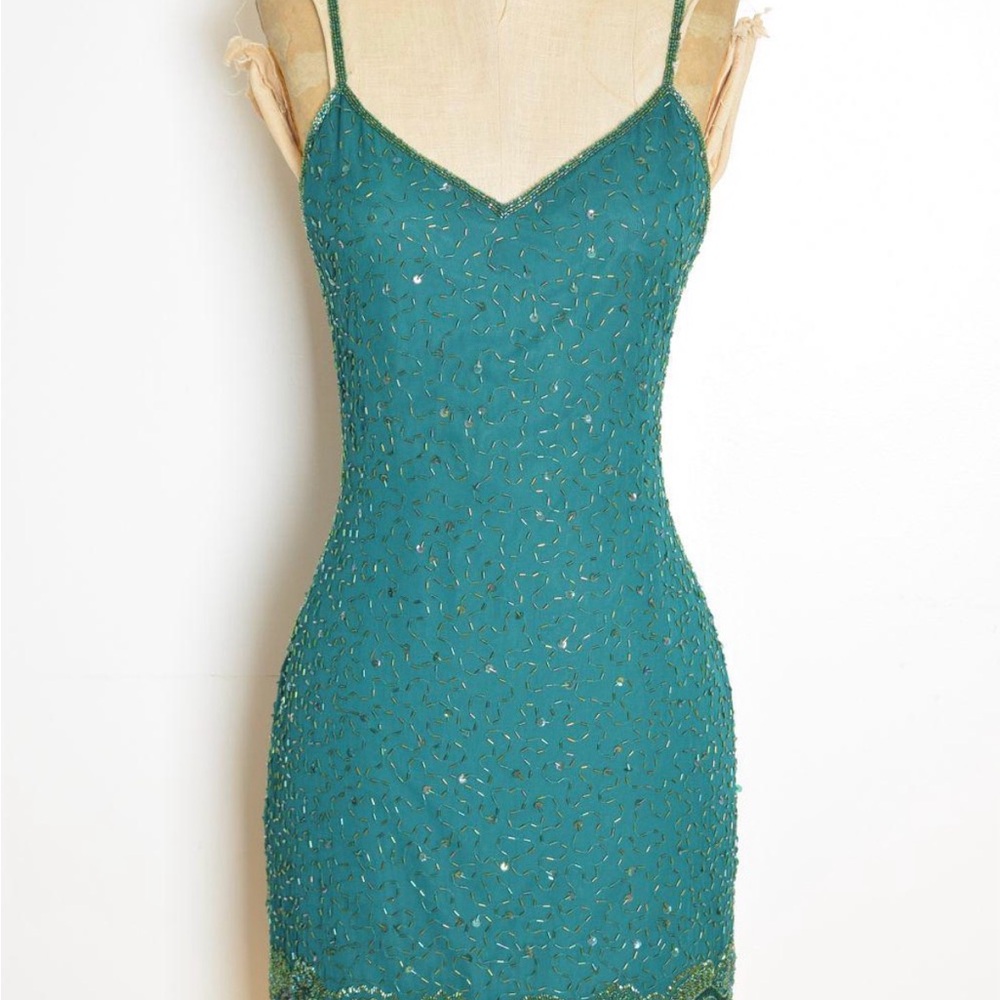 Teal Beaded Spaghetti Strap Slip Dress